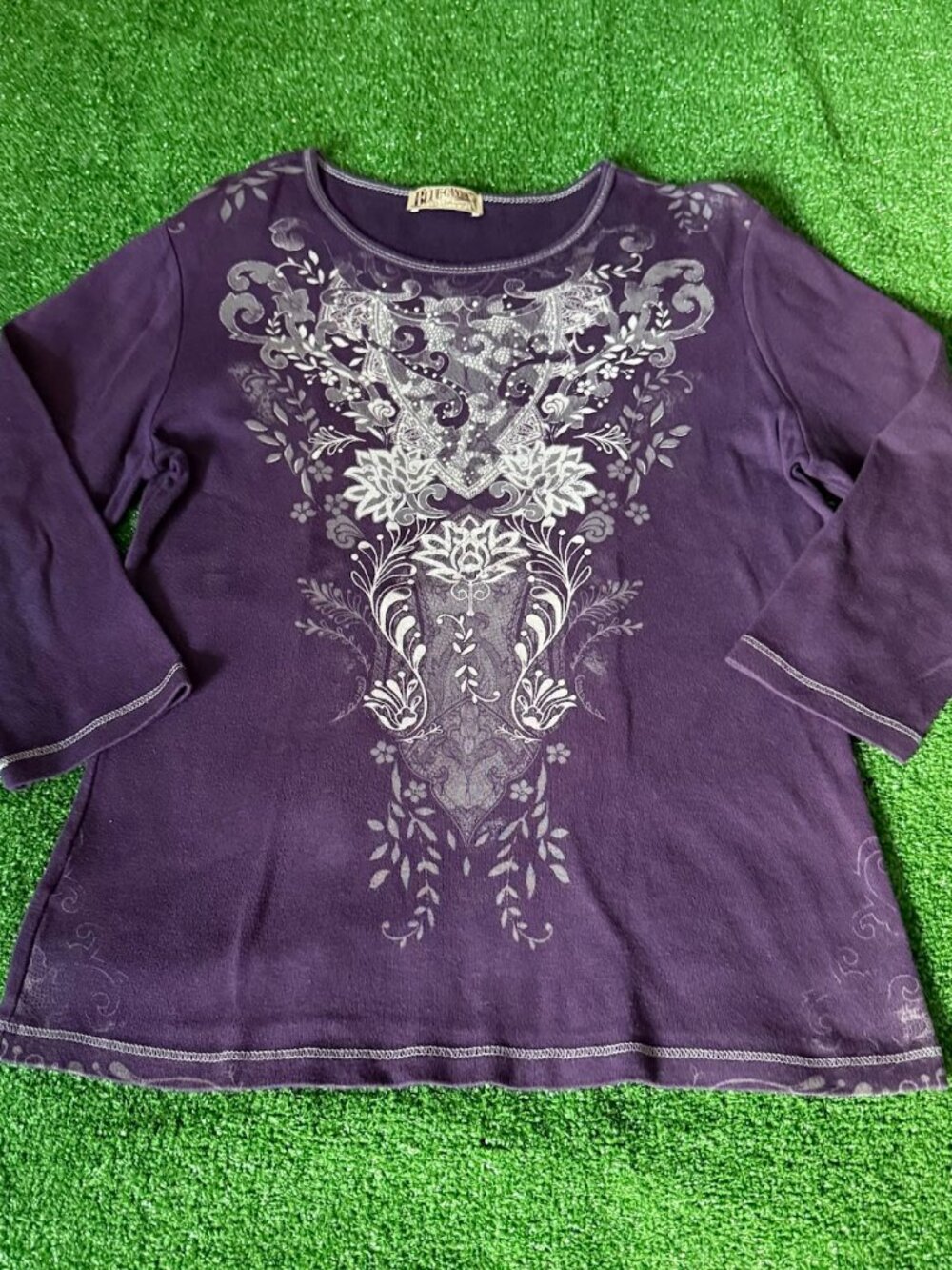 Vintage Blue Canyon Rhinestone Embellished Boho Long Sleeve T-Shirt Size L